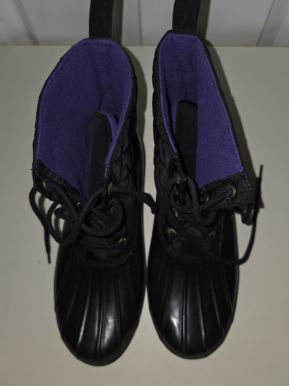 Sperry Black Quilted Lace-Up Winter Duck Boots with Purple Lining - Picture 9 of 10